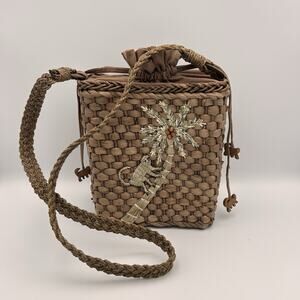 Wicker Bucket Tote Bag With Embroidered Monkeys